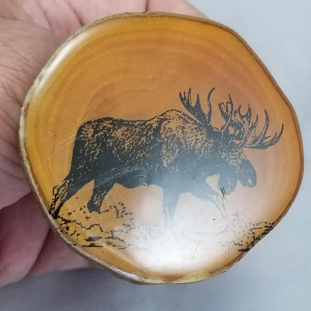 Vintage Belt Buckle‎ Thick Wooden Printed Moose Enamel Covered W/ Brass Hardware